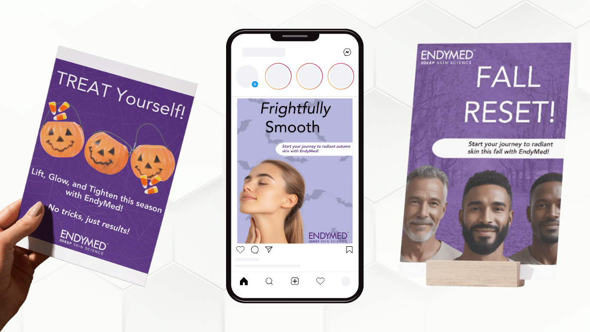 Collage of EndyMed Marketing Community’s September and October holiday marketing toolkits, including Fall, Halloween, Thanksgiving, and Christmas themed med spa marketing materials.