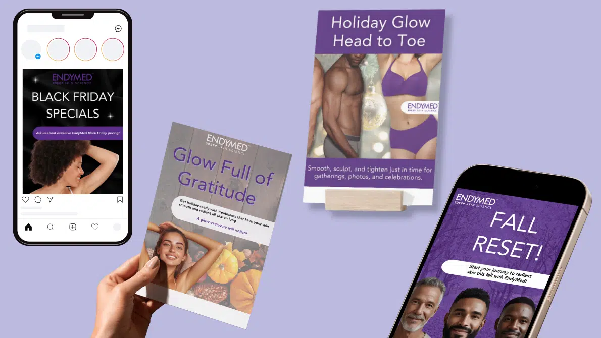 Collage of EndyMed Marketing Community tools for marketing aesthetic services, including social, seasonal campaigns, counter cards and more